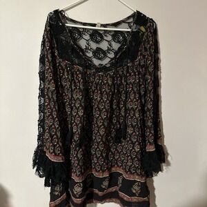 Free People Long Sleeve Patterned Dress Medium Bohemian Hippy Lace Black Flowers